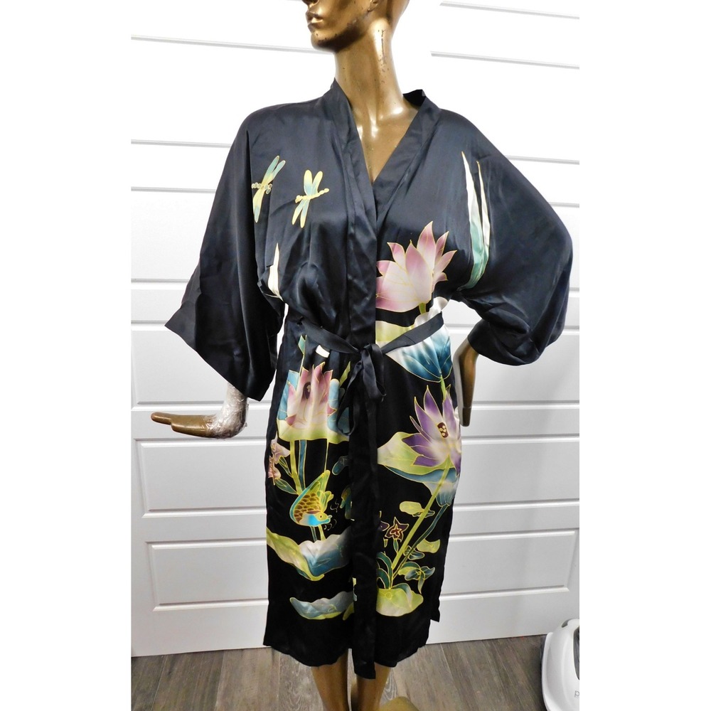 Crossing Pointe 100%‎ Silk Black Floral Wrap Kimono Dress sz M NWT